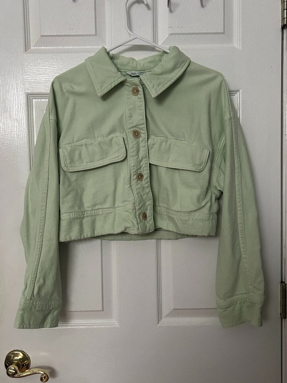Zara Pastel Green Denim Jacket Women's Medium Eclectic Bright Y2K *Bleach Stain*
